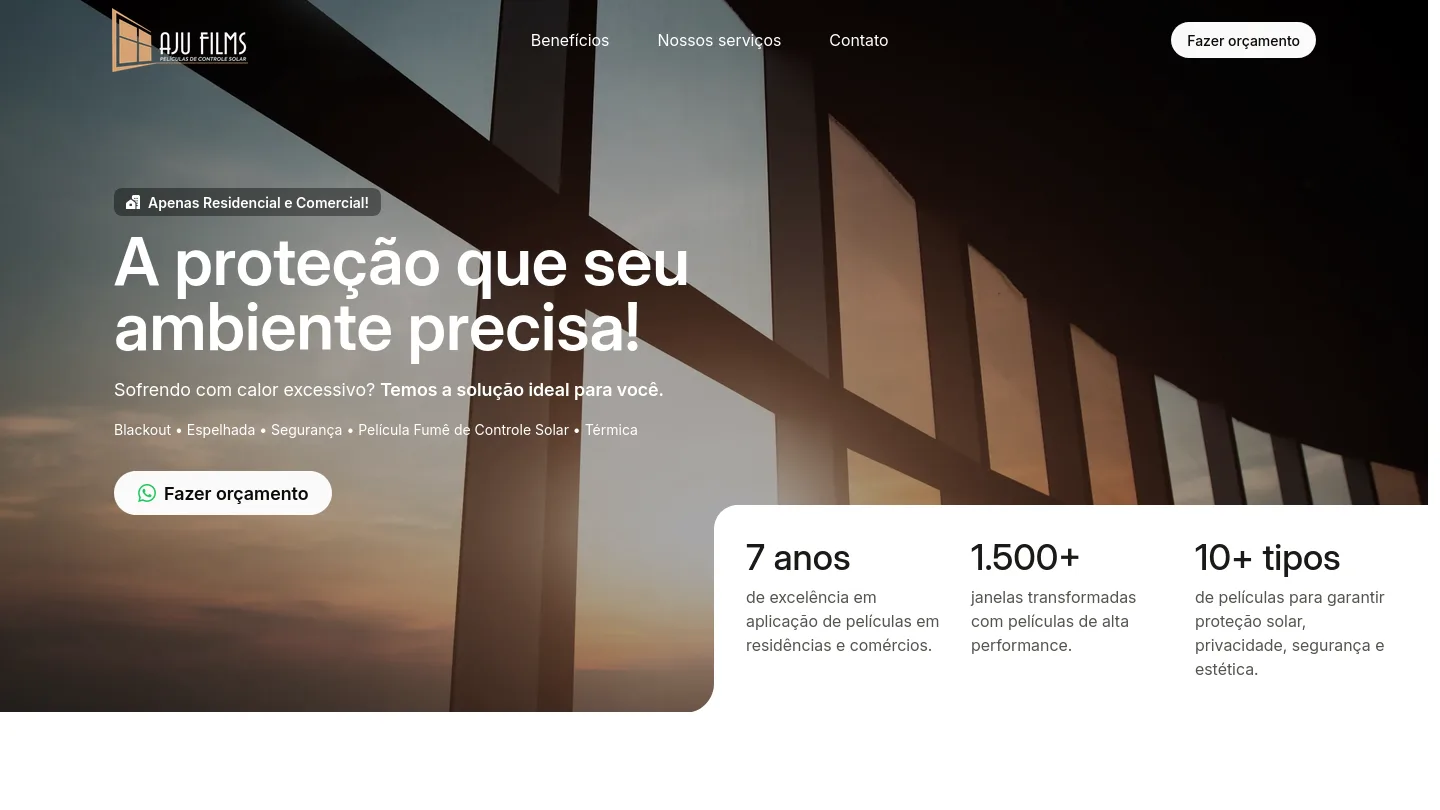 Screenshot do site AjuFilms — películas de controle solar
